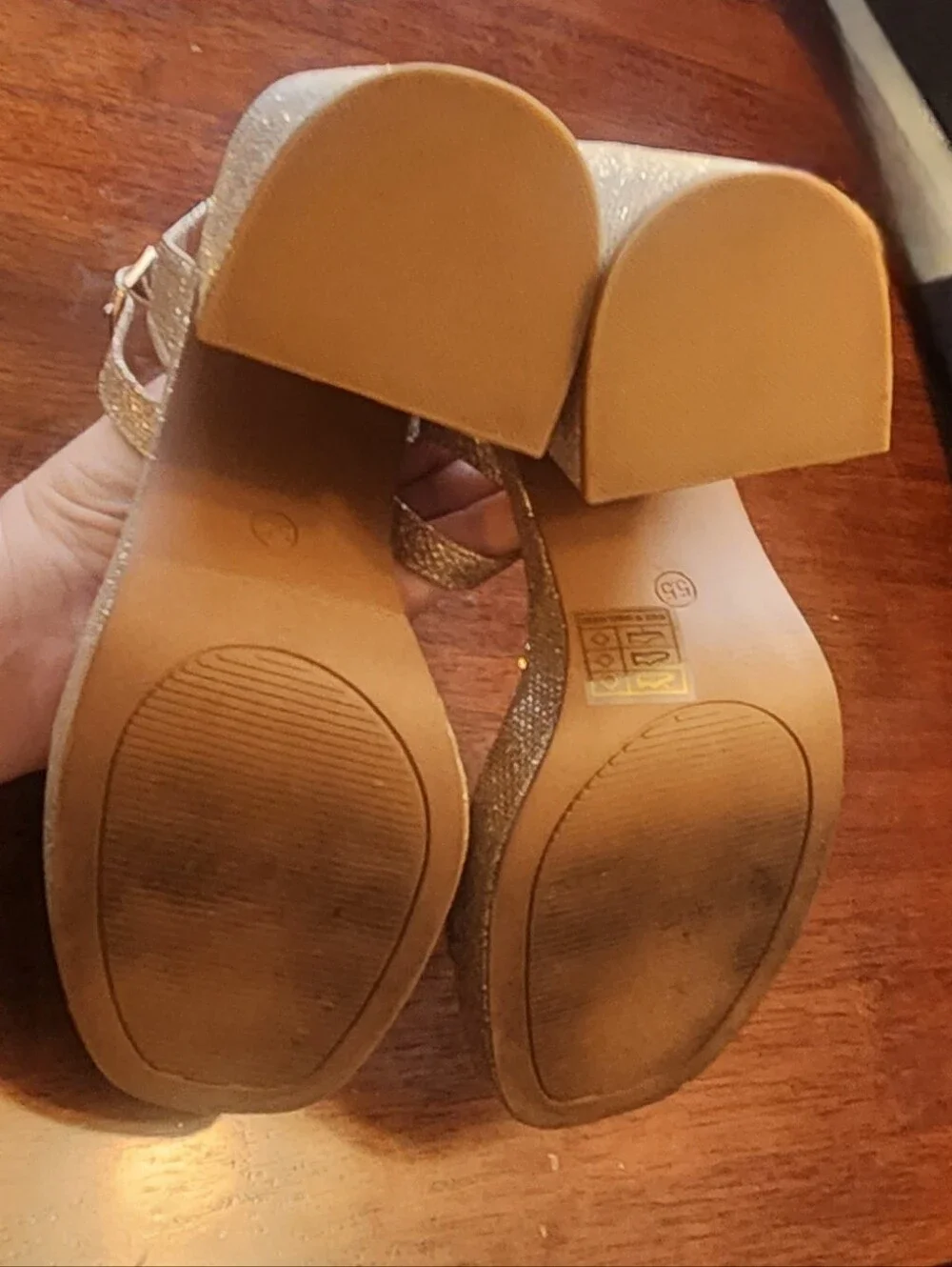 Gold Sparkle Platform Chunky Block Heel Sandals Women's Gogo 70s Y2K Date, 5.5